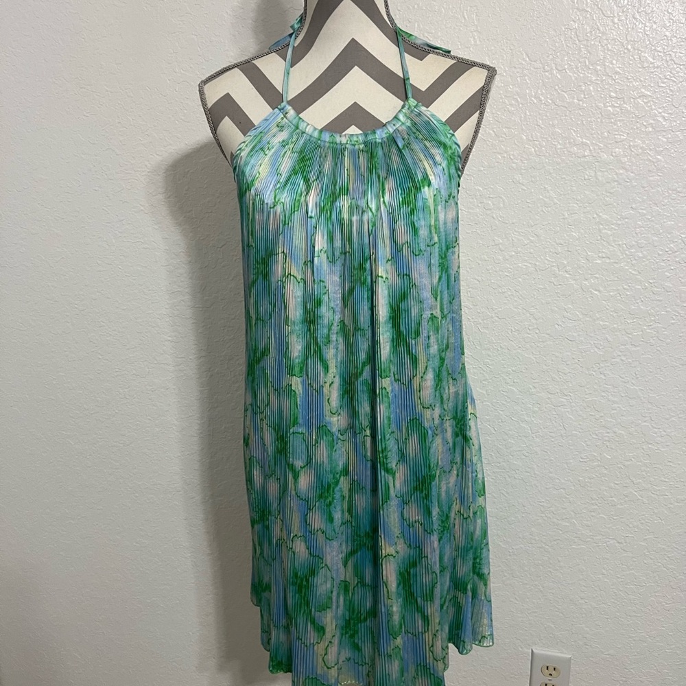 Shein Women’s Green Floral Sleeveless Tiered Elegant Dress Size L Highneck #478